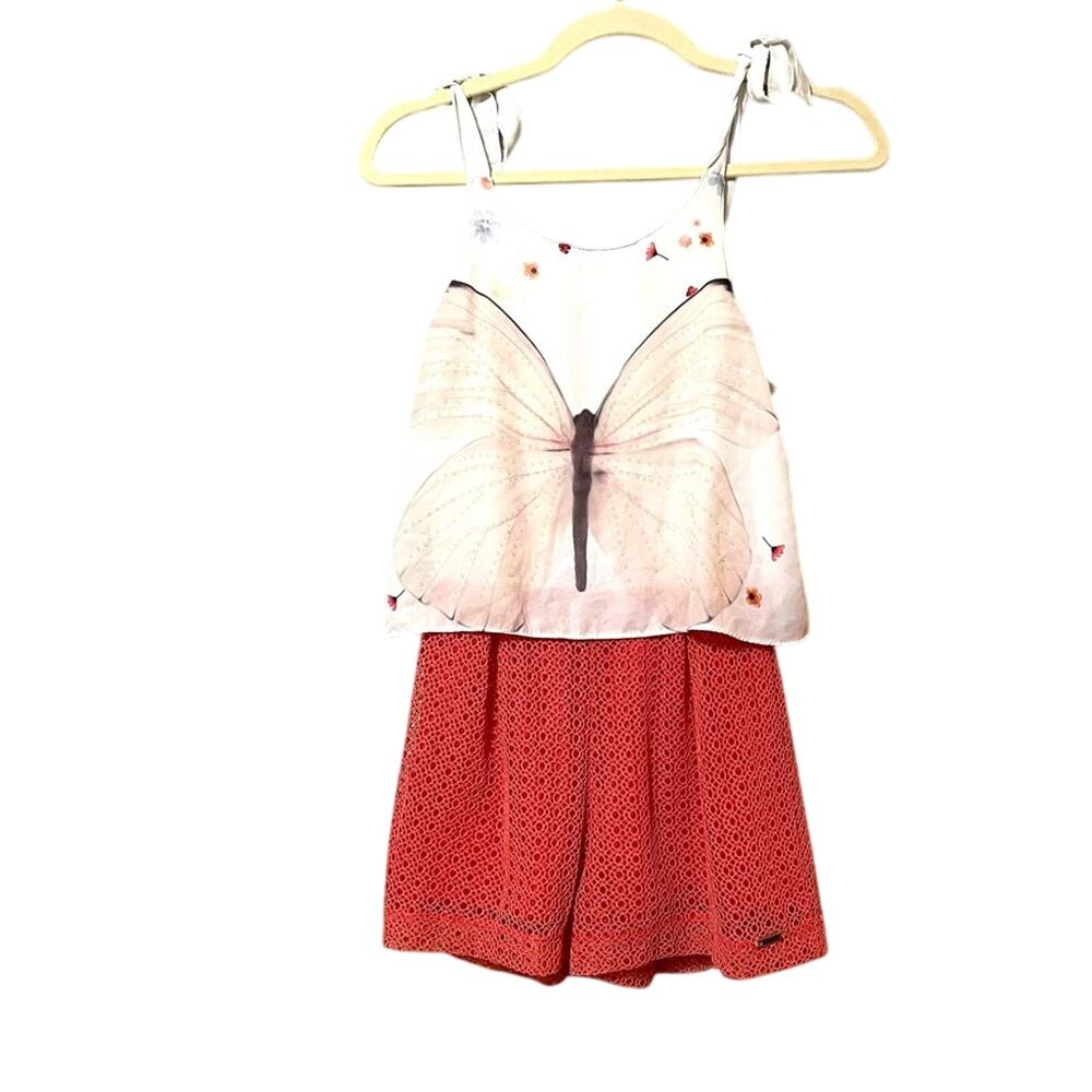 Vic & Vicky Butterfly Y2K Crochet Bottom Romper Sleeveless Womens XS Orange